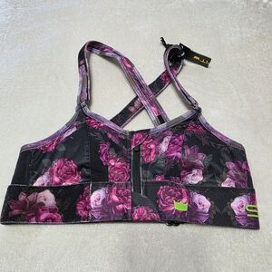SHEFIT Black/Pink Floral Sports Bra XS Moisture Wicking Hook & Loop Adjustable